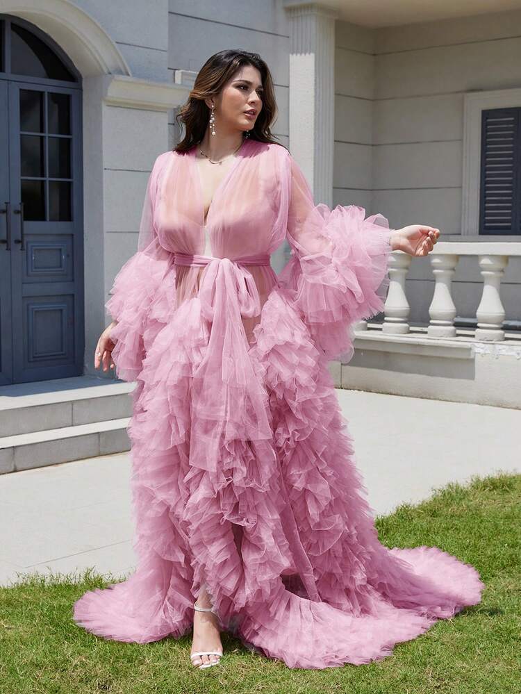 1 Piece Maternity Dresses Pregnant Gown For Photoshoot Christmas Sexy Mesh Fabric Ruffle Hem Wedding Kimono Women Dresses Belt Tie Relax Fit Oversized - 藕粉色 - 查看 5