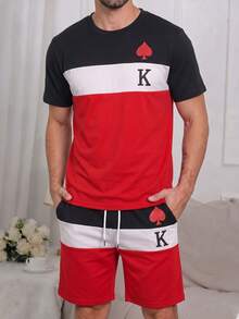 Men's K Letter Contrast Color Pajama Set, Summer Short Sleeve T-Shirt + Loose Casual Shorts Homewear - Multicolor - View 3