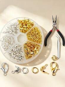 340PCS/Box Beading Tool Box DIY Bracelet Necklace Materials Jewelry Accessories 6-Compartment Lobster Clasp Open Jump Ring Snap Clasp Keychain Chain Phone Chain DIY Tools, Suitable For DIY Jewelry Bag Charm Keychain Bracelet Necklace And More - Multicolor - View 2