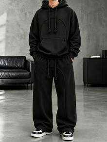 HEYKESON Men's Hoodie & Wide Leg Sweatpants 2 Pieces Loose Casual Sports Set - Black - View 4