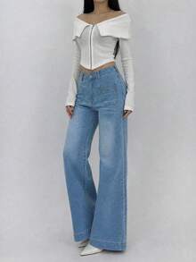 Celana Jeans Wanita Ukuran Besar Kasual Serbaguna Model Lurus dengan Kantong, Celana Denim Biru Muda Pudar, Celana Jeans Denim Elegan Sederhana untuk Musim Gugur - Light Wash - View 6