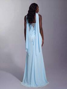 Gaun Panjang Elegan dengan Leher Bentuk Hati dan Korset Berkerut, Gaun Pesta Pernikahan Model Duyung dengan Belahan Tinggi dan Potongan Ramping - Baby Blue - View 2