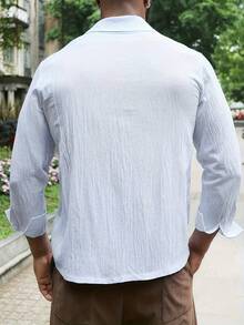 Men's Textured Wrinkled Double Pocket Long Sleeve White Shirt, Casual Workwear Shirt - White - View 5