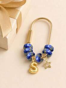 Blue Beaded Letter Keychain,Simple Brass Keychain Holder Clasp With Star Pendan,Fashion Bag Charms, Car Keychain,Gift For Women Girls Handbag Decor - Multicolor - View 6