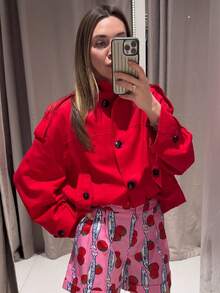 FGGG Women's Epaulettes & Button Decorated Long Sleeve Stand Collar Loose Straight Woven Red Short Trench Coat, Vintage British Style, Suitable For Daily & Party Wear, Spring & Autumn - Red - View 2