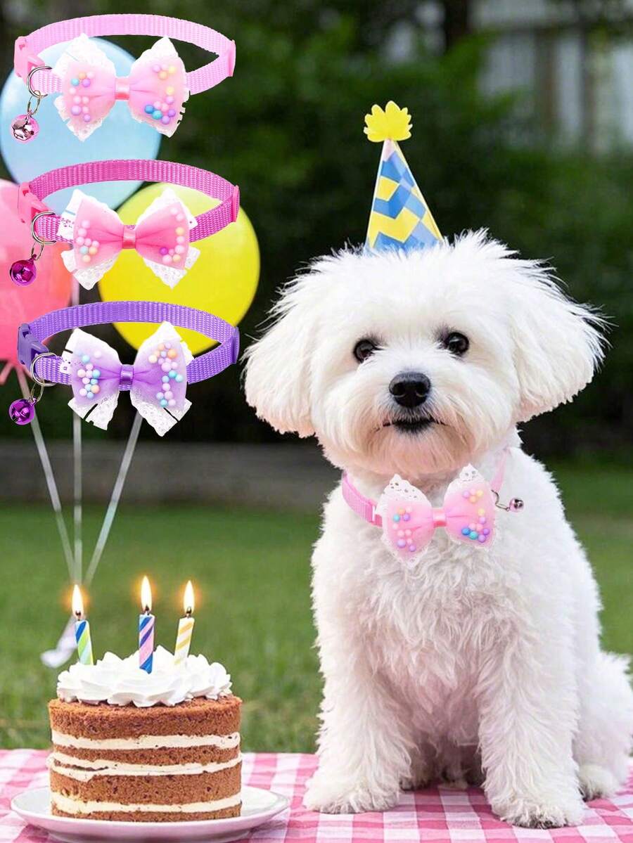 1/3pcs Cute Princess Style Mesh Bow Pet Collar, With Adjustable Bell, Suitable For Puppies, Cats, Small Dogs, Daily Activities, Outdoor Decorative Collar, Pet Cat And Dog Decorative Supplies - Multicolor - View 1