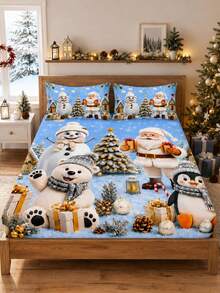 3PCS Winter Christmas Atmosphere Bedding Set, (1PC Fitted Sheet + 2pcs Pillowcases, Pillow Inserts Not Included,) Polyester Digital Print, Cartoon Santa Claus Snowman Penguin Pattern, Cartoon Cozy Christmas Non-Slip Bedding Set, Machine Washable, Bedroom Holiday Home Textile - Multi-color 4 - View 5