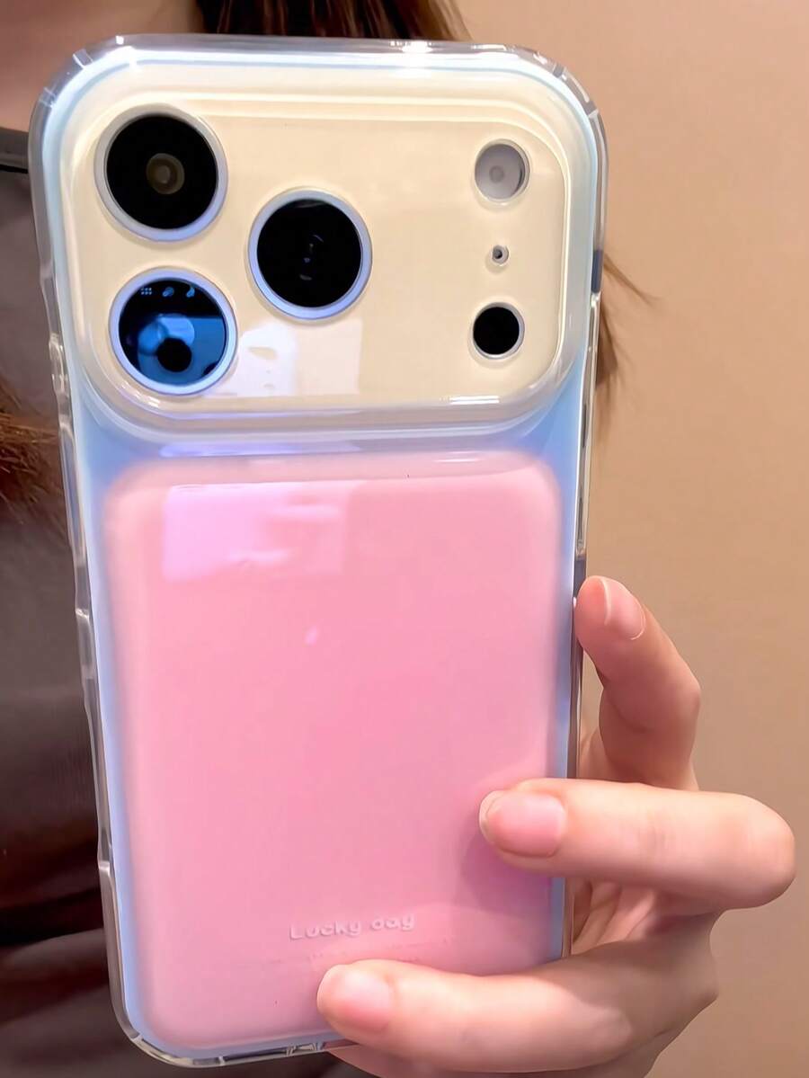 Ins Korean Cream Style Minimalist Contrast Color 17/17 Pro Max/16/16 Pro/15 Phone Case, New Premium Silicone Full Coverage Shockproof Soft Protective Shell With Camera Lens Protection For Women - Pink - View 1