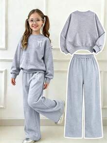 2pcs Girls Minimalist Casual Bow Print Crew Neck Sweatshirt + Pants Set, Autumn/Winter Fashion Comfortable Outfit - Grey - View 2
