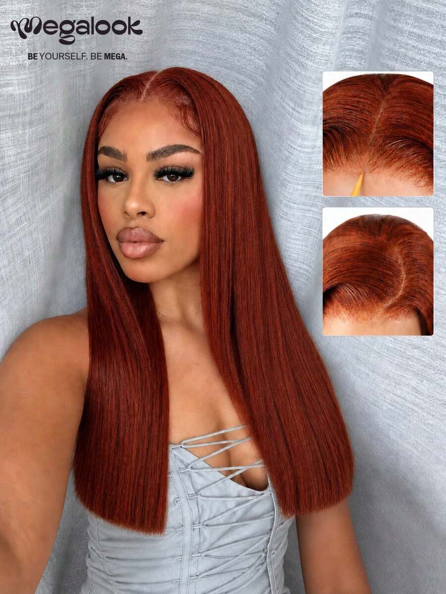 MEGALOOK 20 Inch Silky Straight 100% Human Hair Wig With Drawstring Cap, 6X5 Pre-Cut Lace, Natural Hairline Transparent Lace Closure, 180% Density, #33 Auburn, Suitable For Beginners - S33 - View 1