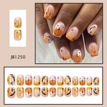 24pcs Cute Square Wearable Nails, Orange Short Pumpkin & Bat Design Halloween False Nails - Multicolor - View 3