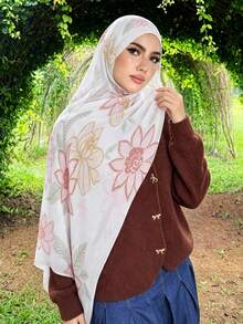 1pc Women's Bohemian Style Watercolor Floral Print Viscose Fiber Scarf, Casual Street Hijab Shawl, Suitable For Daily Wear And Summer Beach - White - View 2