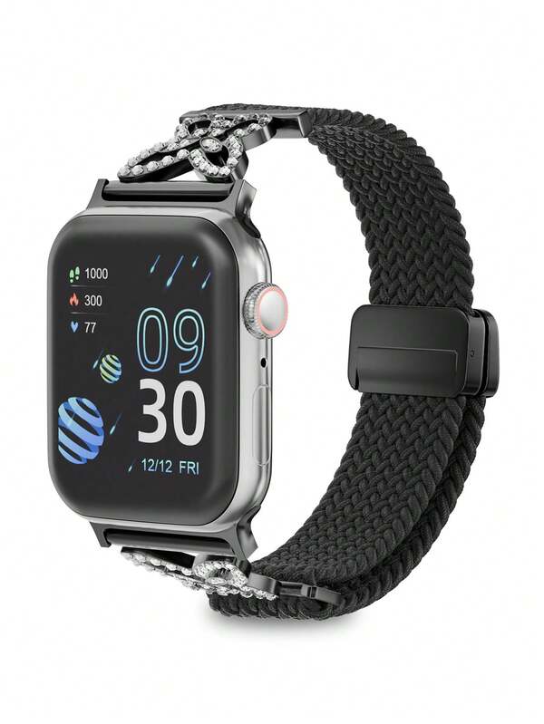 1 pieza Correa de reloj con eslabones de mariposa incrustada de diamantes, compatible con tamaños de esfera de 38/40/41/42/44/45/49mm. Compatible con Apple Watch Ultra/SE/8/7/6/5/4/3/2/1 Series, con hebilla de ajuste magnético. Adecuada para mujeres, una correa de reloj clásica, fácil de usar, hermosa y de moda, perfectamente compatible con Apple Watch.