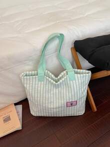 條紋字母學院風女款休閒大容量托特包 學生包 可翻面單肩包 適合女生校園大學生 - 薄荷綠 - 查看 3