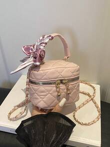 Pink Rhombus Chain Small Square Bag Mini Handheld Makeup Bag Versatile Crossbody Bag Heart Pendant Commuter Handbag - Pink - View 3