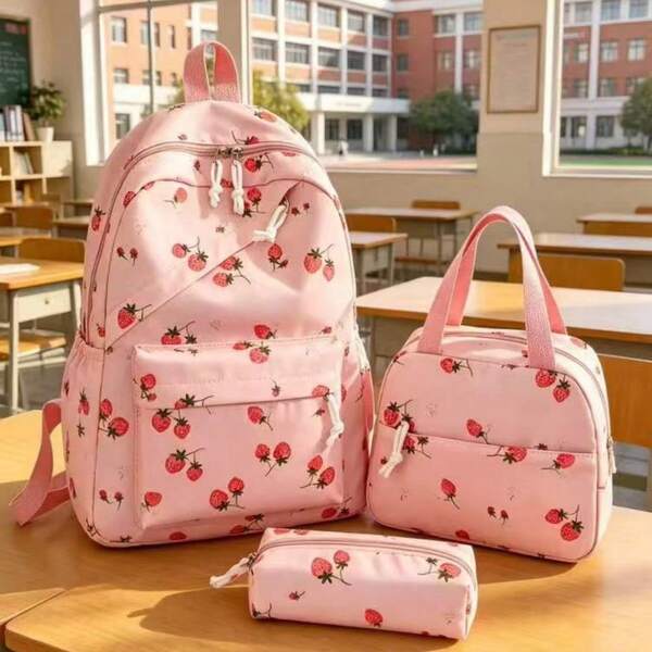 3pcs Cute Cartoon Strawberry Pattern Backpack Set, Large Capacity Nylon School Day Bag, With Lunch Bag And Pencil Case, Multi-Pocket Casual Backpack