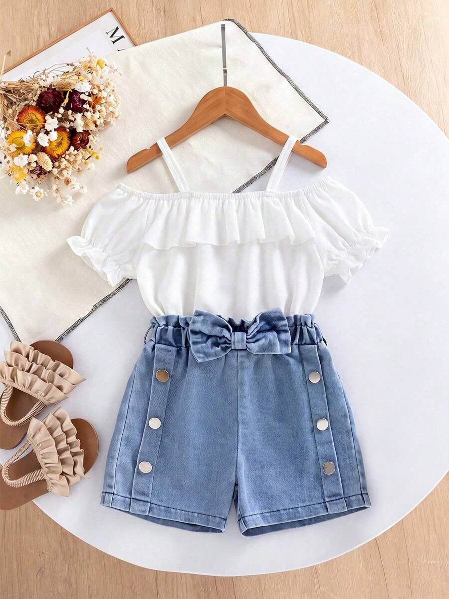 2pcs/Set Young Girl Summer Spaghetti Strap Ruffle Off-Shoulder Top Paired With Daily Versatile Side Button Bow Shorts, Suitable For Casual, Outdoor, School, Commute, Street Wear - White - View 1