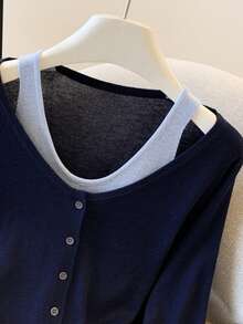 Women's Vintage Knit 2-In-1 Long Sleeve Top, Button Front, Round Neck, Regular Fit, Suitable For Autumn Wear - Navy Blue - View 4