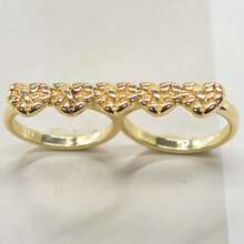 1pc Women's Gold-Plated Double Finger Ring, Five-Link Heart Textured Ring Face Elegant Ring, Romantic Accessory Suitable For Dating, Daily Wear And Party - Gold - View 4
