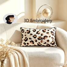 LCUHPCL 1pc American Vintage 3D Embroidered Dual-Color Leopard Print Rectangular Pillow Case With Piping, Suitable For Living Room, Bedroom, Sofa, Car, Party, Restaurant And More - Coffee Brown - View 2