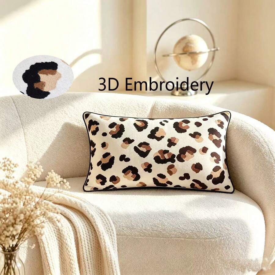 LCUHPCL 1pc American Vintage 3D Embroidered Dual-Color Leopard Print Rectangular Pillow Case With Piping, Suitable For Living Room, Bedroom, Sofa, Car, Party, Restaurant And More