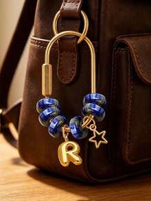 Blue Beaded Letter Keychain,Simple Brass Keychain Holder Clasp With Star Pendan,Fashion Bag Charms, Car Keychain,Gift For Women Girls Handbag Decor - Multicolor - View 8