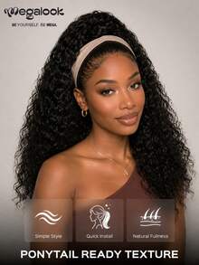 MEGALOOK Water Wave Ponytail 100% Human Hair Drawstring Ponytail Extension Clip In Hair Curly Glueless Natural Black Onytails For Women Clip In On Ponytail Hair Extensions Beginner Friendly - SNatural - View 2