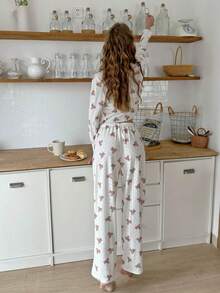 2pcs/Set Women's Bear Print Round Neck Long Sleeve Top + Elastic Waist Long Pants Pajama Set - White - View 6