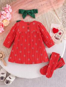 Baby Girl Bow Ribbed Snowflake Print Dress With Socks And Headband Multi-Piece Set Newborn Gift - Red - View 3