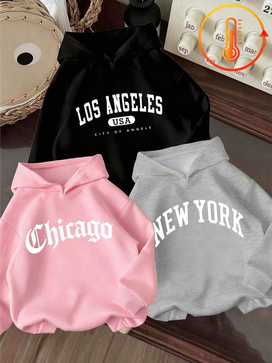 3pcs-Tween Girl 3-Piece Set, Fun Print Thermal-Lined Hooded Pullover Sweatshirt, Warm And Comfortable For Autumn/Winter - Black - View 1