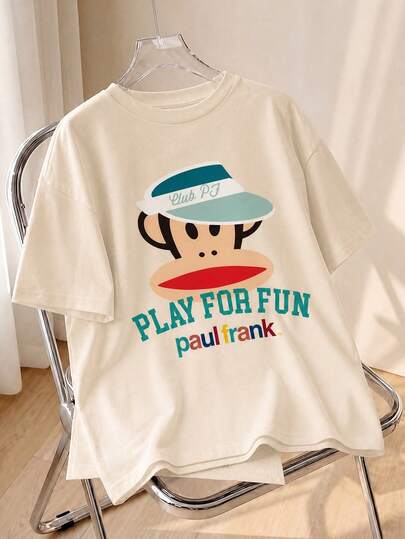 SHEIN X  PAUL FRANK 女款夏季T恤，復古大學風卡通猴子與「Club」標誌印花寬鬆休閒上衣，適合日常與校園穿著