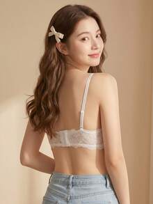 [Small Bust Only]Women's Lace Bra, Backless Seamless Wire-Free Push-Up Bra, Soft Comfortable Strapless Bra, Lift Support Half Cup Bra, Detachable Straps, Sweet Style - White - View 5