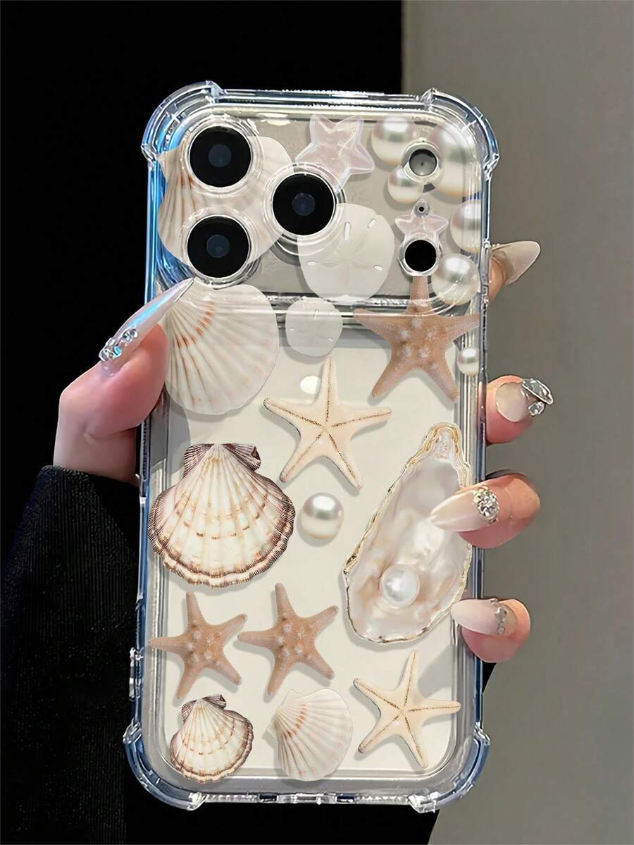 Phone Case: Transparent Shell Pearl Pattern Printed Full Coverage Phone Case, Compatible With Apple 17 17 Pro Max, 17 Pro, 17 Plus, 17, 16 Pro Max, 16 Pro, 16 Plus, 16, 15, 14, 13, 12, 11 And Other Models, Summer Ocean Element Fashion Phone Protective Cover - Multicolor - View 1