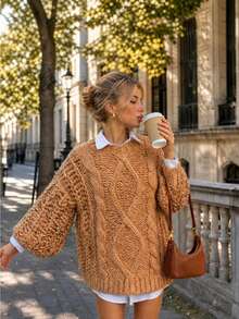 Joy Knit 女士秋冬新款百搭上衣 - 简约休闲风 - 复古圆领粗针织套头衫 - 适合办公室、外出、派对、万圣节、新年等场合 - 卡其色 - 查看 1