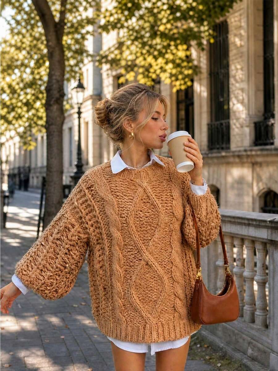 Joy Knit 女士秋冬新款百搭上衣 - 简约休闲风 - 复古圆领粗针织套头衫 - 适合办公室、外出、派对、万圣节、新年等场合 - 卡其色 - 查看 1