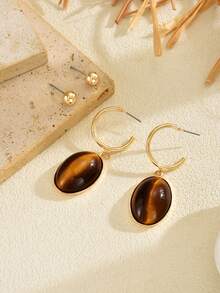2 Pairs Vintage Exquisite Minimalist Tiger Eye Stone Pendant Earrings Round Bead Stud Earrings Set For Women Daily Wear Party Gathering New Jewelry - Multicolor - View 4