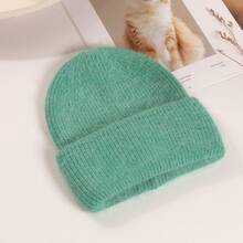 1pc Fashion Solid Color Warm Rabbit Fur Straight Cuff Knit Hat, Autumn/Winter Outdoor Sports Wear, Valentine's Day Holiday Gift, Party Multi-Color Options, Classic Solid Color Hat - Peacock Blue - View 16