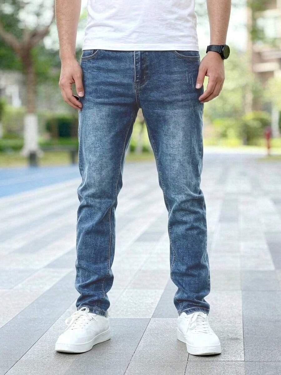 Jeans azules de mezclilla clásicos con estiramiento de grosor medio para hombres - Azul lavado medio - Ver 1