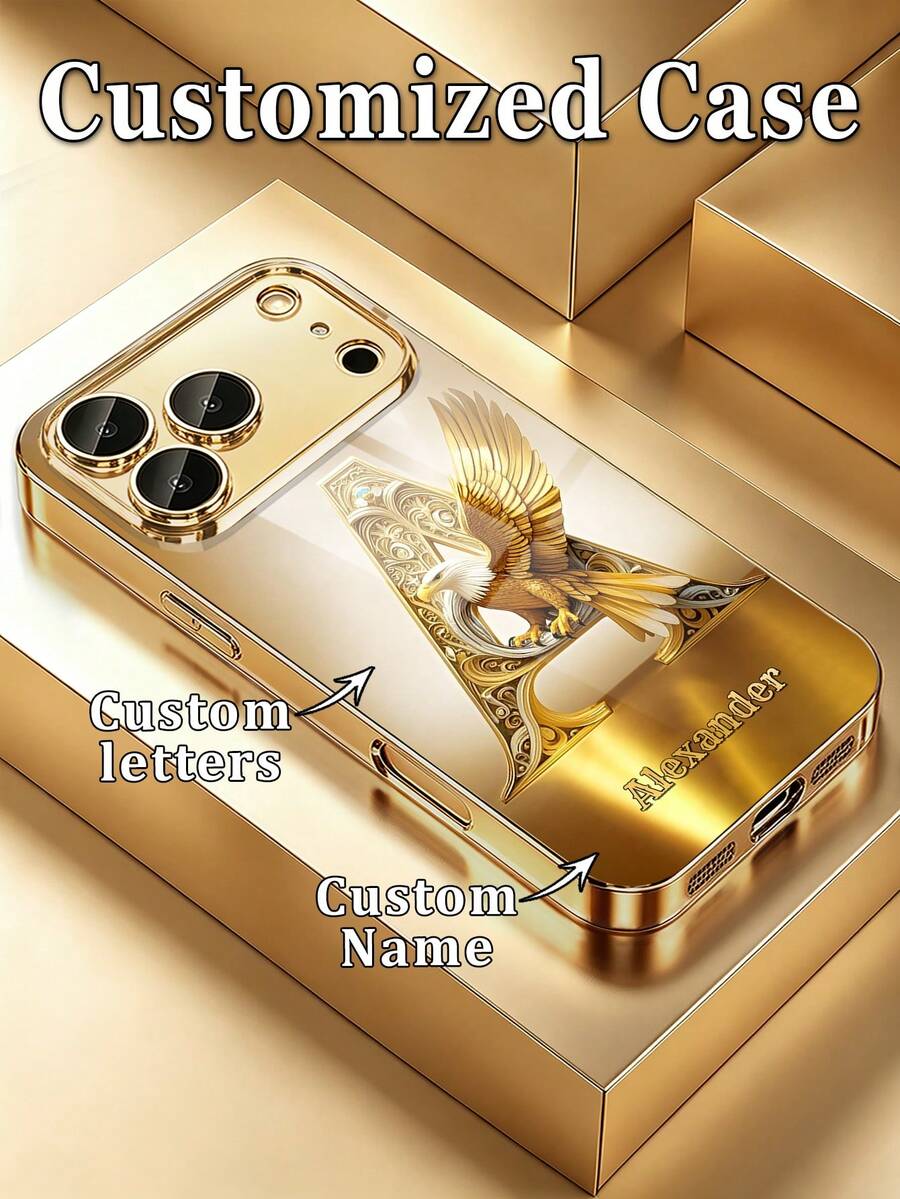 1個客製化姓名手機殼,金鷹字母奢華設計,高解析度電鍍金玻璃手機殼,相容於 17 Pro Max/16 Pro Max/15/14 Plus/13 Pro/12 Pro Max/11/Xs Max/8/7/6 Plus,時尚、多彩、可愛、有趣、極簡、配套手機殼 - 金色 - 查看 1