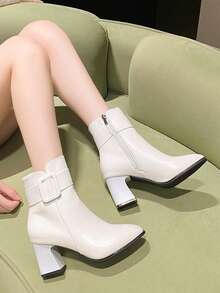 Women's Fashion Pointed Toe Ankle Boots With Buckle Design, Ankle-High Slimming Vintage High Heel Boots For Autumn/Winter - White - View 3