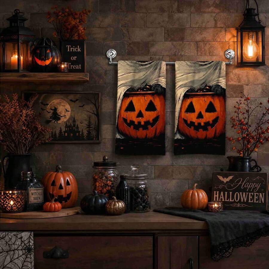 2/4/48pcs Halloween Series Ghost Black Cat Pattern Printed Kitchen Towels - Super Soft, Highly Absorbent Polyester Tablecloths And Hand Towels, Perfect For Holiday Decor, Kitchen Decor, Party Decor.
