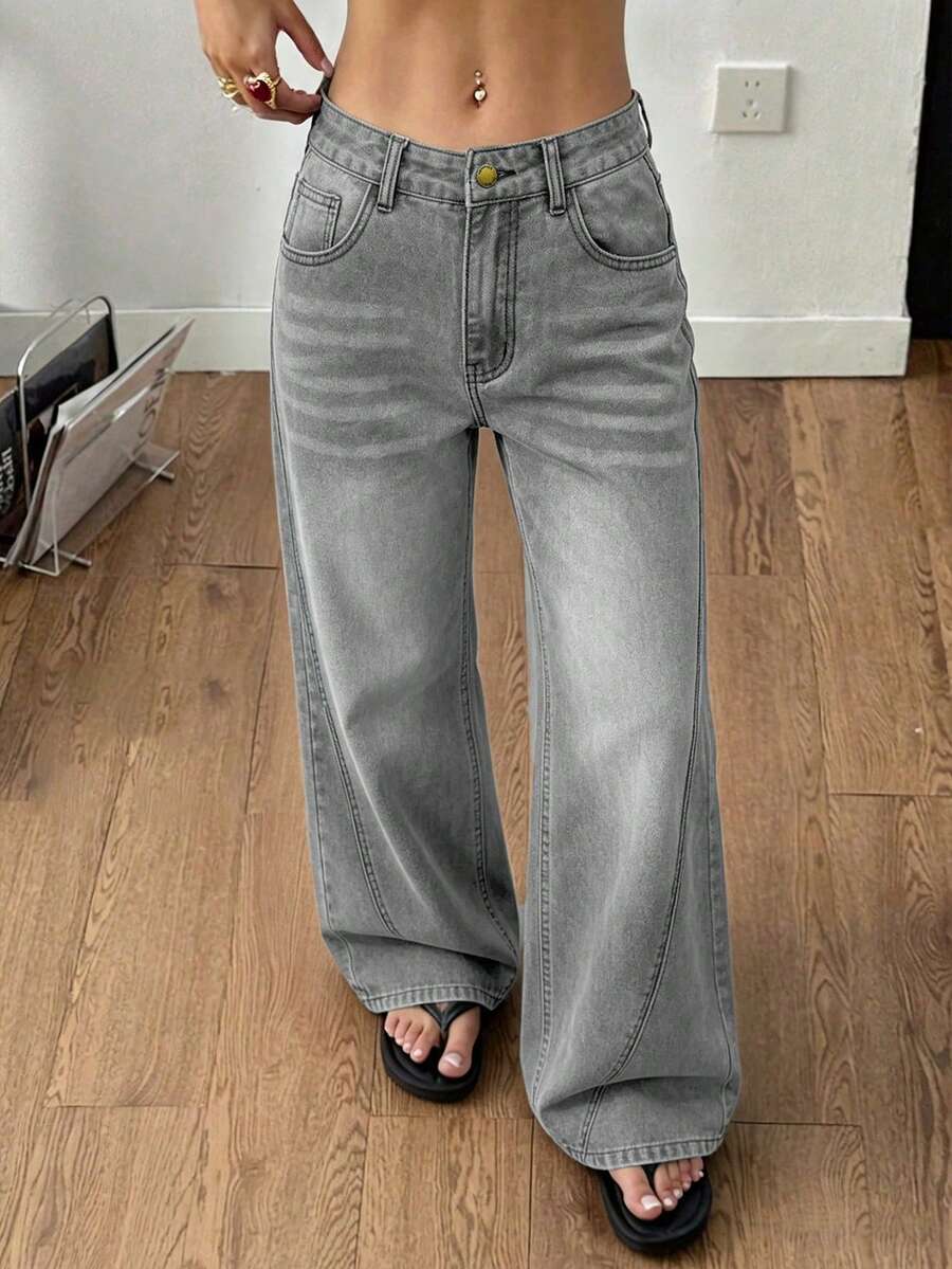 Women's Casual Structured Patchwork Jeans, Autumn Outfit - Light Grey - View 1
