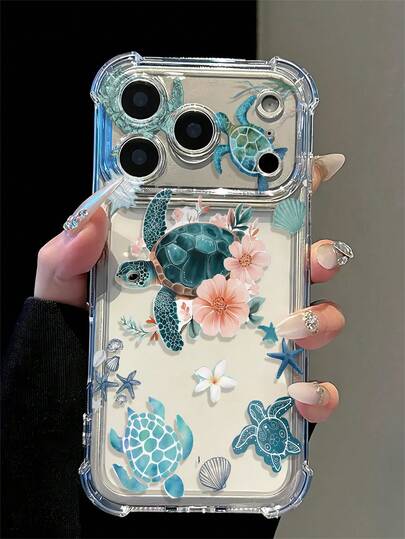 Phone Case: Transparent 2-In-1 Pink Frame Turtle, Starfish, Coral Ocean Pattern Printed Full Coverage Phone Case, Suitable For IPhone 17 17 Pro Max, 17 Pro, 17 Plus, 17, 16 Pro Max, 16 Pro, 16 Plus, 16, 15, 14, 13, 12, 11 And Other Models, Summer Ocean Element Fashionable Phone Protective Cover