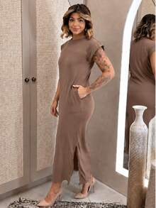 Vestido Longo Fenda Bolso Manga Elegante Feminino Malha Diário Casual Bege - Bege - Visão 2