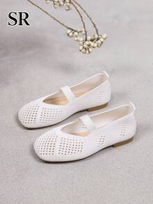 1 Pair Girls' White Hollow Knit Mary Jane Shoes, Comfortable Breathable Mesh Flat Casual Shoes For Daily And School Wear - White - View 3