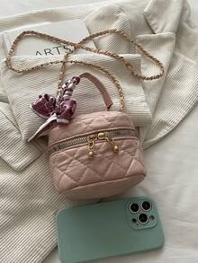 Pink Rhombus Chain Small Square Bag Mini Handheld Makeup Bag Versatile Crossbody Bag Heart Pendant Commuter Handbag - Pink - View 12