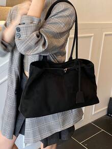 BEIKAMU 1件裝時尚純色麂皮大容量托特包，雙手柄磁吸開合女款單肩包，適合大學、通勤、購物、度假、街頭購物 - 黑色 - 查看 5