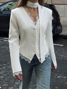 Women's White Dress Blazer - Lace Trim V-Neck Long Sleeve Cropped Waist-Cinched Button Front For Office Formal Casual - White - View 3