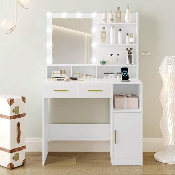 Tocador Vanity con Luz LED Regulable, Tocador de Maquillaje con 2 Cajones y 6 Estantes Abiertos Mesa de Maquillaje, Espejo de Pantallaáctil Iluminado Ajustable (Blanco)