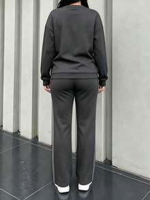 Two-Piece Set: Women's Color-Blocked Loose Long-Sleeve Crew Neck Top And Wide-Leg Pants Suit, Suitable For Daily Casual Wear And Outdoor Sports - Grey - View 6